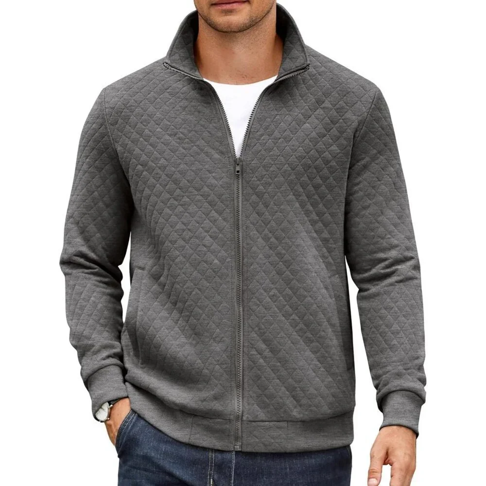 COOFANDY Men Dark Grey Zip Up Mock Neck Quilted Lightweight Sweater Jacket